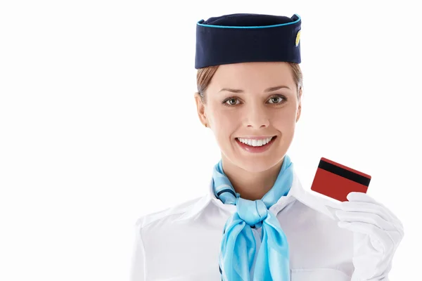 Stewardess with a credit card — Stock Photo, Image