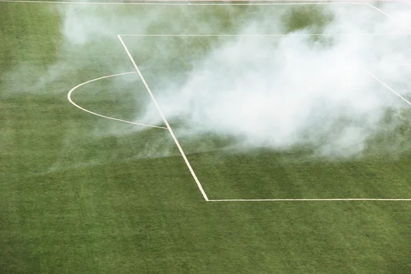 Smoke on the football field in penalty area — Stock Photo, Image