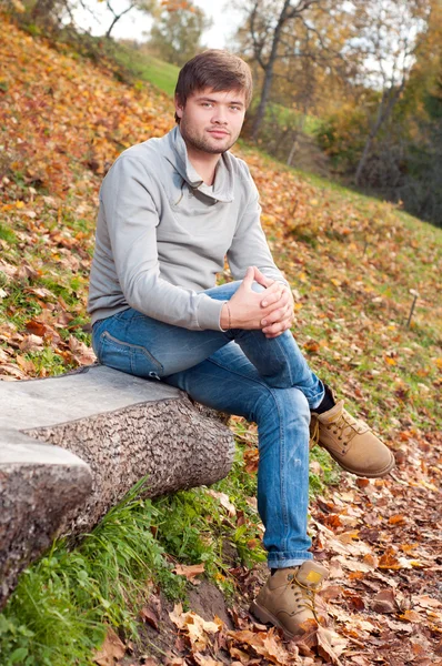 Utomhus porträtt av glad ung man sitter i höst park — Stockfoto