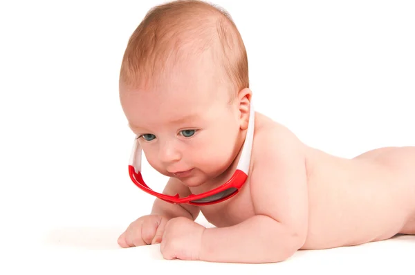 Cute baby portrait in sunglasses isolated on white background — Stock Photo, Image