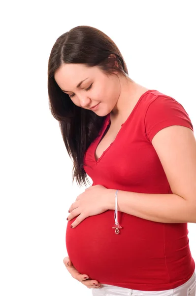Pregnant woman holding belly Stock Photo
