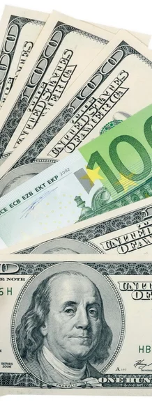 美元和欧元在白色 — 图库照片