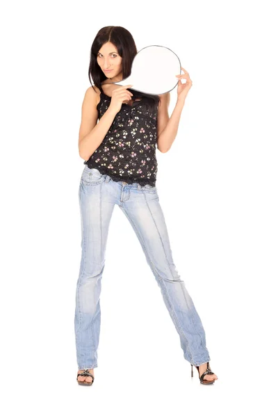 Young woman holds blank card — Stock Photo, Image