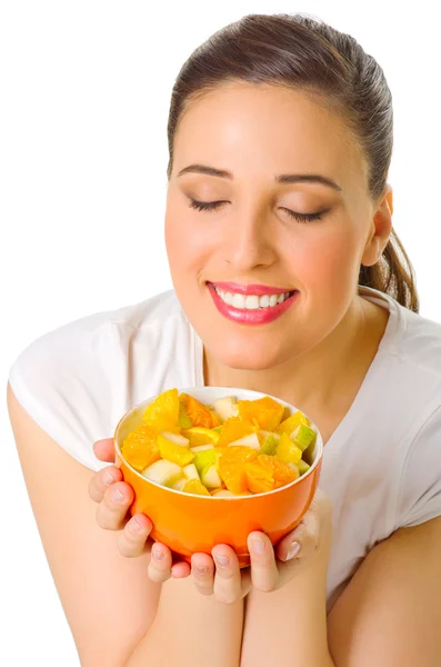 Chica joven con ensalada de frutas —  Fotos de Stock