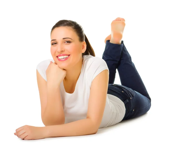 Young woman laying on the floor — Stock Photo, Image