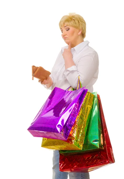 Senior woman with bags and wallet — Stock Photo, Image