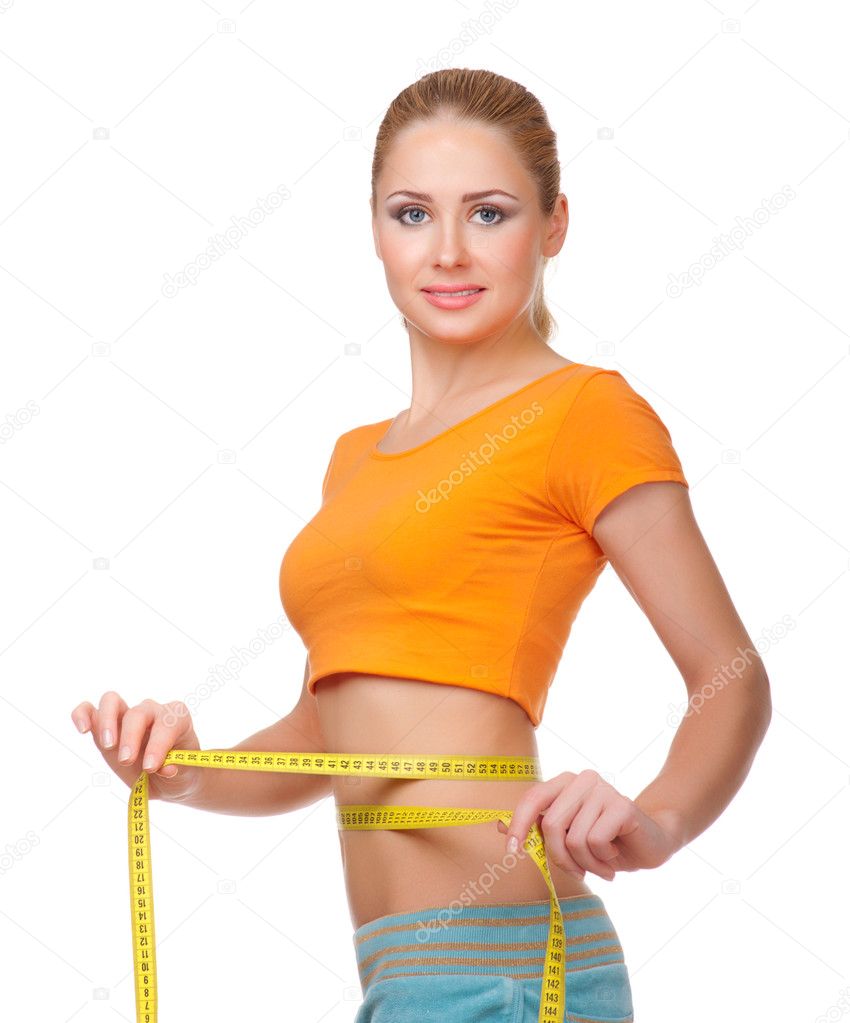 Young smiling woman with centimeter tape