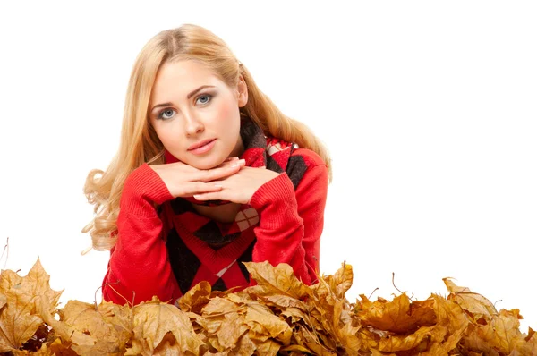 Young woman in red sweater — Stock Photo, Image