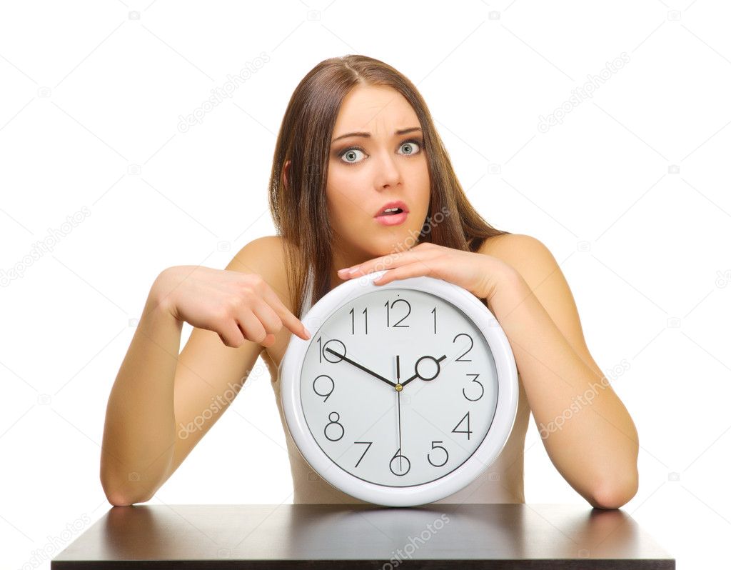 Young girl with clocks