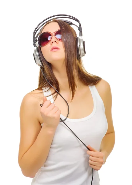 Νεαρό κορίτσι ακούω μουσική με ακουστικά — Φωτογραφία Αρχείου