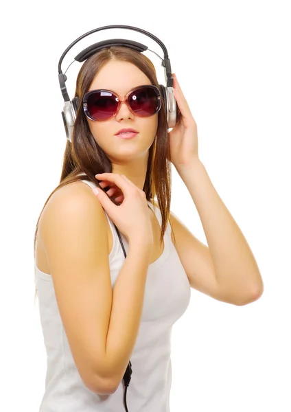 Young girl hear music by headphones — Stock Photo, Image