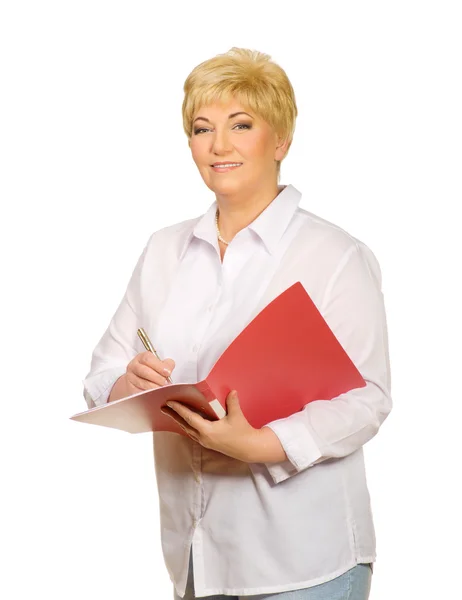 Senior woman with pen and folder — Stock Photo, Image
