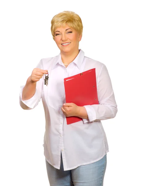 Senior woman with folder and keys — Stock Photo, Image