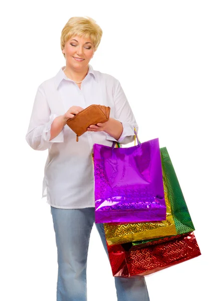 Senior woman with bags and wallet — Stock Photo, Image