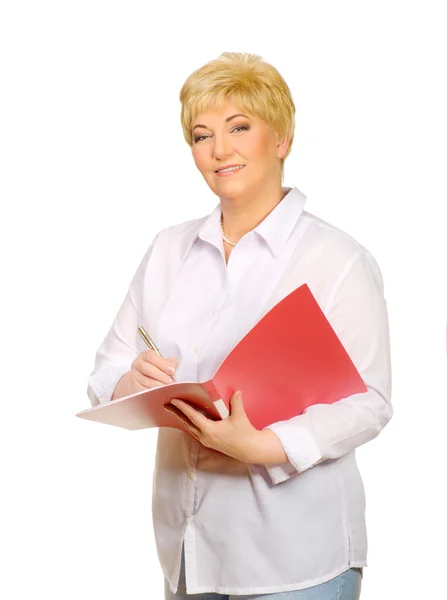 Happy senior woman with folder — Stock Photo, Image