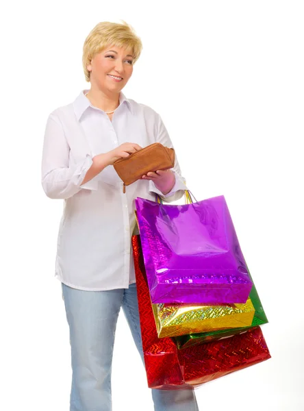 Senior vrouw met tassen en portemonnee — Stockfoto