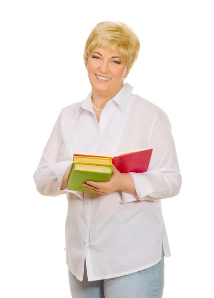 Idősebb nő, könyvek — Stock Fotó