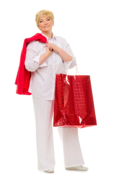 Felice donna anziana con borsa — Foto Stock