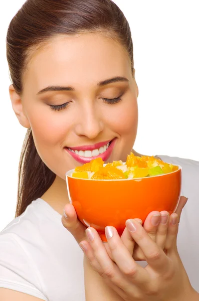 Young girl with fruit salad — Stock Photo, Image