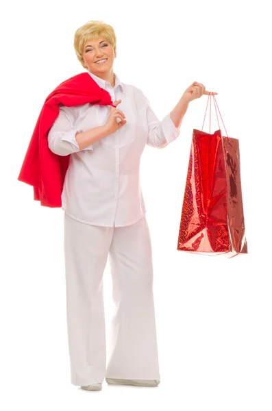 Happy senior kvinna med väska — Stockfoto