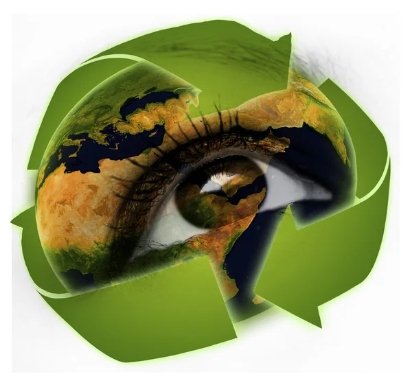 Recycling arrows and earth in eye — Stock Photo, Image