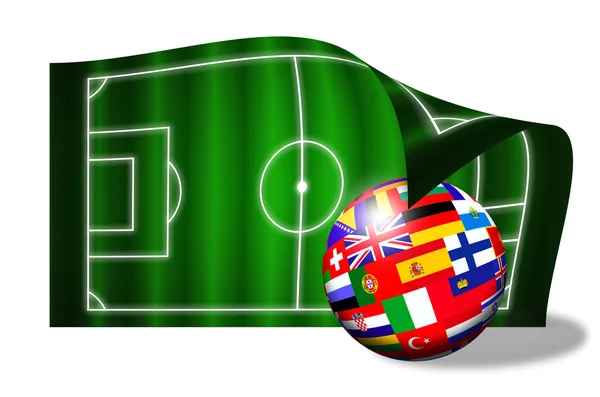 Bola de bandeiras europeias no campo de futebol sobre branco — Fotografia de Stock