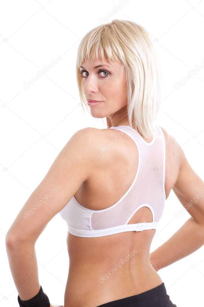 Blond woman training fitness over white