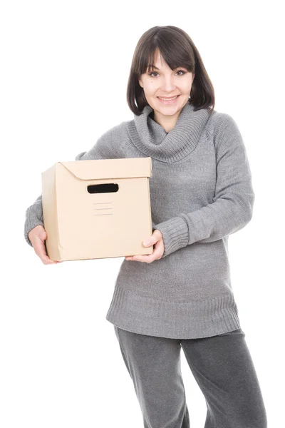 Mulher com caixa de cartão — Fotografia de Stock