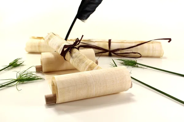 Papyrus rolls with inkpot and quill — Stock Photo, Image