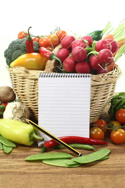 Purchasing paper with a basket and vegetables — Stock Photo, Image