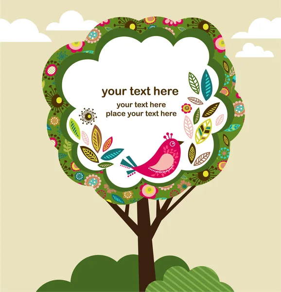 Ευχετήρια κάρτα με το πουλί και το δέντρο — Διανυσματικό Αρχείο