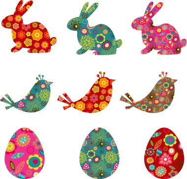 Patterned bunnies, birds and eggs clipart