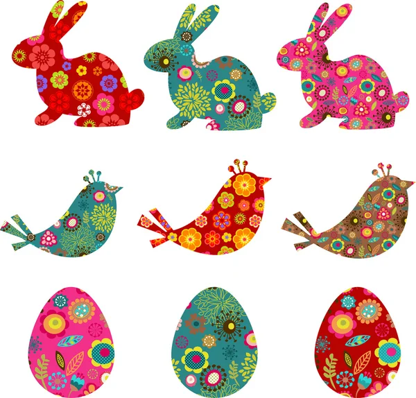 Patterned bunnies, birds and eggs — Stock Vector