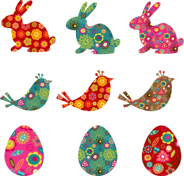 带图案的兔子、 鸟和鸡蛋 — 图库矢量图片