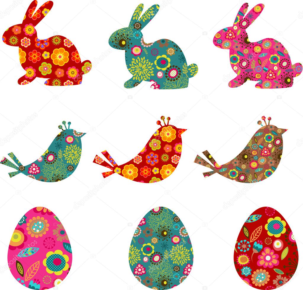Patterned bunnies, birds and eggs
