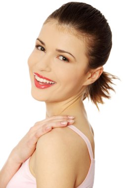 Beautiful teen woman's face with fresh clean skin clipart