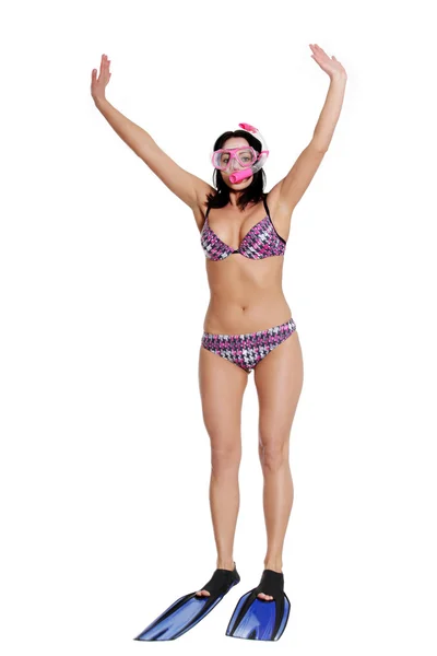 Vrouw met tuba masker, vinnen en snorkel. — Stockfoto