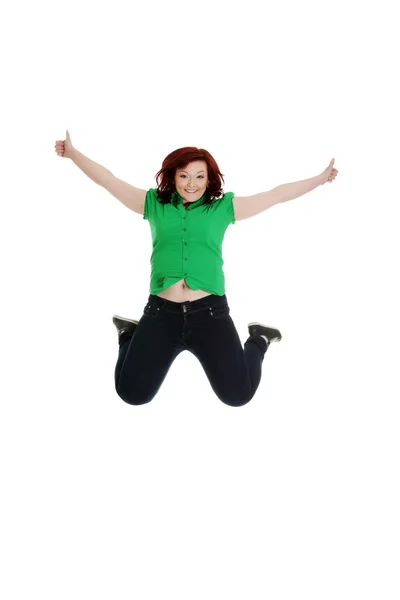 Jumping boldog nő — Stock Fotó