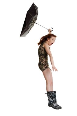 Young woman with umbrella blown by wind. clipart