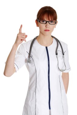 Female doctor threatens or pointing up clipart