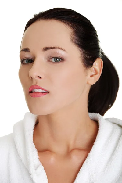 Portrait of beautiful woman in bathrobe — Stock Photo, Image