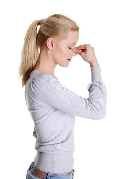 Young woman with sinus pressure pain — Stock Photo, Image