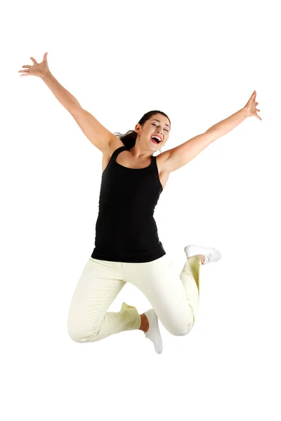 Jeune femme heureuse sautant dans les airs — Photo