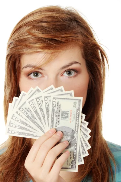 Mulher adolescente com dólares — Fotografia de Stock
