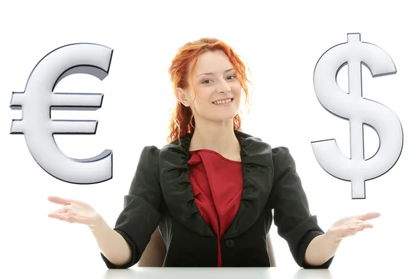 Businesswoman with euro and dollar 3d symbol — Stock Photo, Image