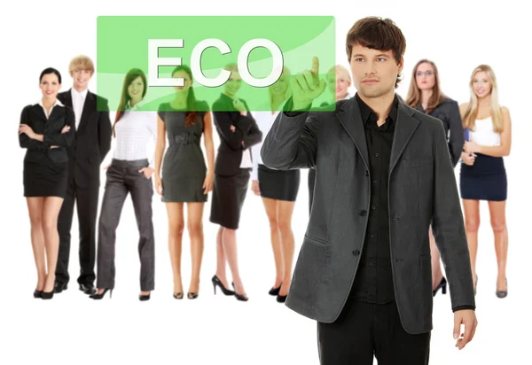 Businessman pushing ECO on a touch screen interface. — Stock Photo, Image