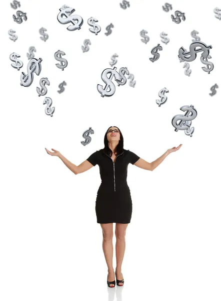 Businesswoman trying to catch falling down dollars. — Stock Photo, Image