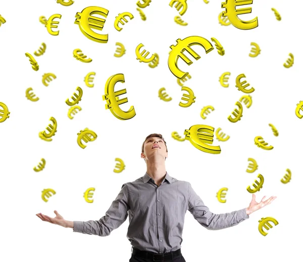 Businessman trying to catch falling down euros. — Stock Photo, Image
