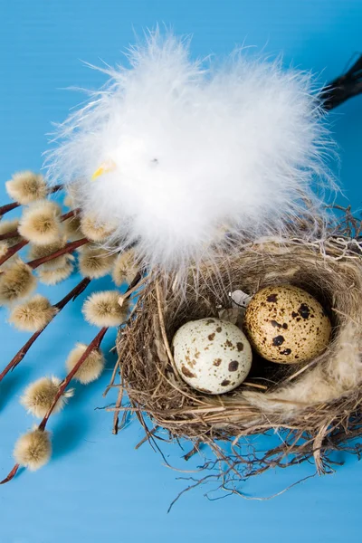 イースターは巣の中のウズラの卵のある静物 — ストック写真