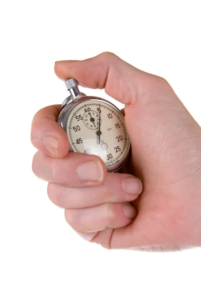 Man's hand holding stopwatch Stock Picture